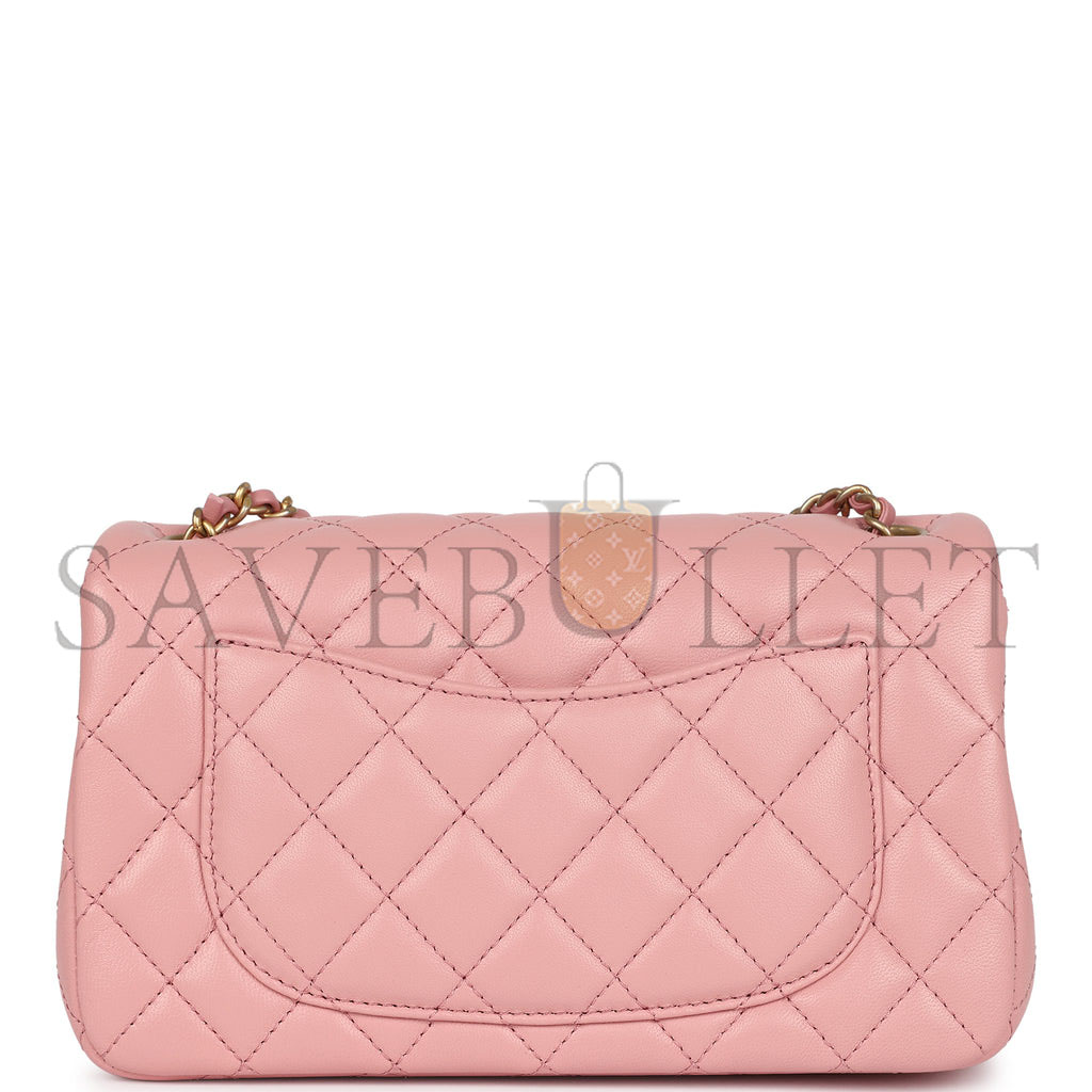 CHANEL MASTER LARGE MINI PEARL EMBOSSED RECTANGULAR FLAP DARK PINK LAMBSKIN BRUSHED GOLD HARDWARE (20*13*7cm)